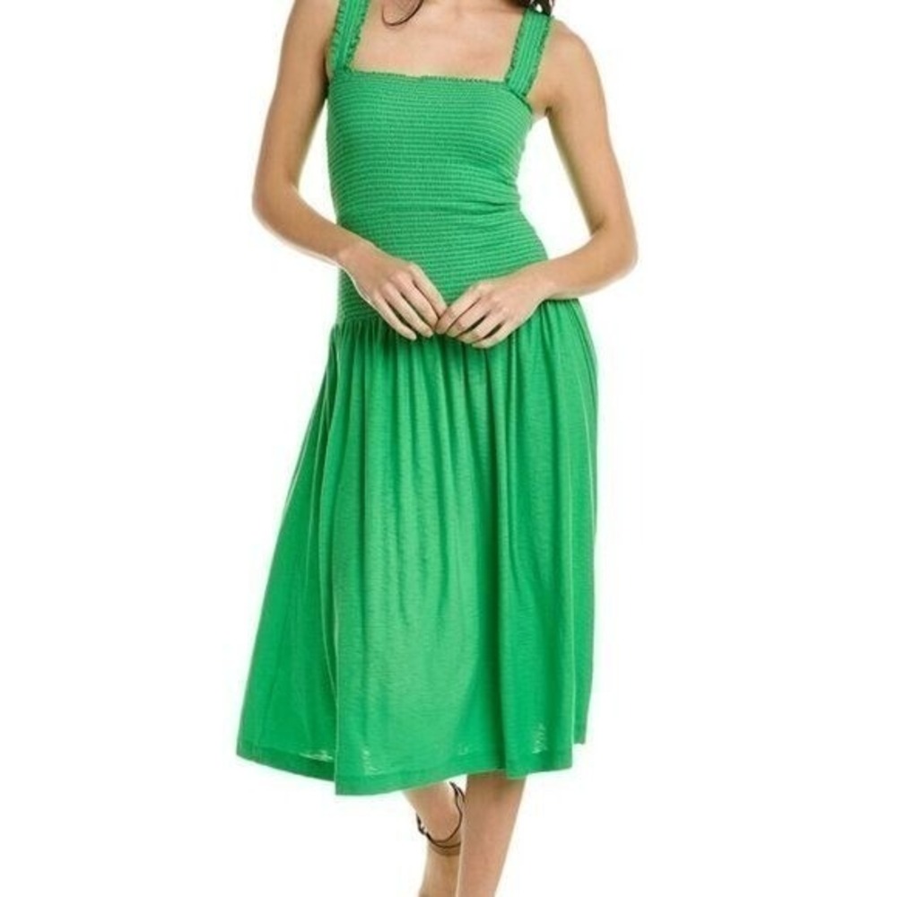 Nation LTD Bright Green Gabby Smocked Midi‎ 100% Pima Cotton Casual Tank Dress L